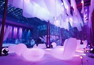 Luxury light up furniture rental in Sarasota featuring glowing LED lounge seating, illuminated cocktail tables, and modern event furniture for weddings and corporate events.